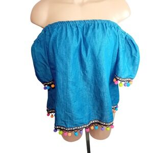 Rebellion Off The Shoulder Chambray Denim Style Pom Pom Crop Top Bohemian Boho L
